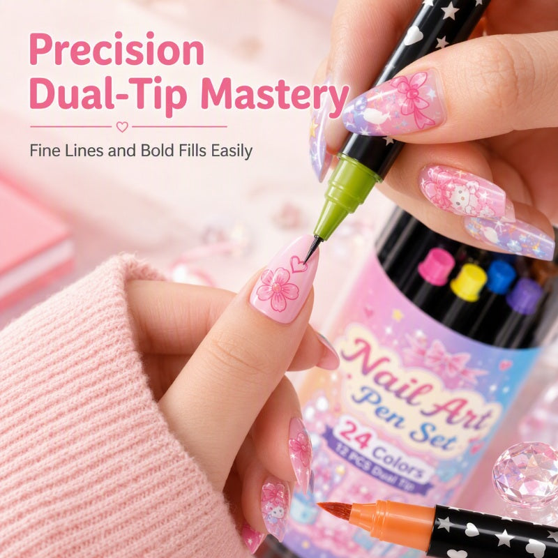 💕 Loved By 80K+ Nail Lovers Worldwide ✨ | 24 Colors DIY Nail Art Pen Set – Dual Tip Manicure Design Kit