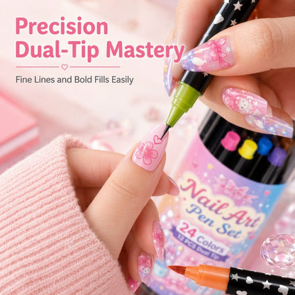 💕 Loved By 80K+ Nail Lovers Worldwide ✨ | 24 Colors DIY Nail Art Pen Set – Dual Tip Manicure Design Kit