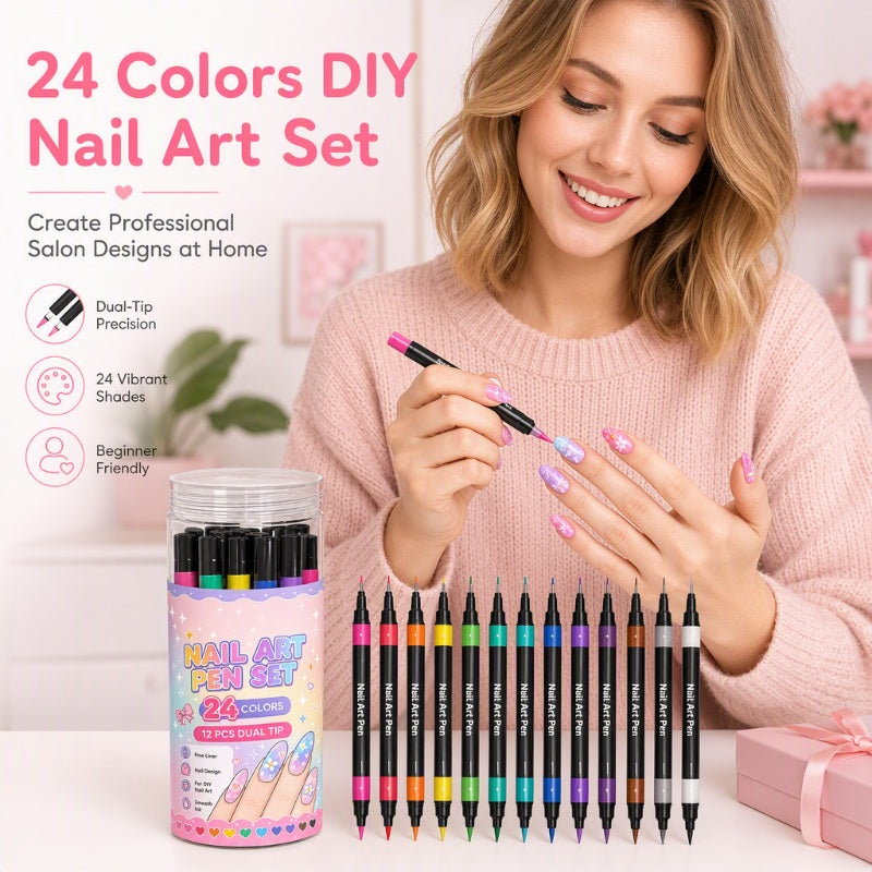 💕 Loved By 80K+ Nail Lovers Worldwide ✨ | 24 Colors DIY Nail Art Pen Set – Dual Tip Manicure Design Kit