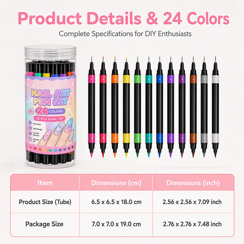 💕 Loved By 80K+ Nail Lovers Worldwide ✨ | 24 Colors DIY Nail Art Pen Set – Dual Tip Manicure Design Kit