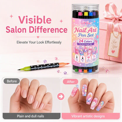 💕 Loved By 80K+ Nail Lovers Worldwide ✨ | 24 Colors DIY Nail Art Pen Set – Dual Tip Manicure Design Kit