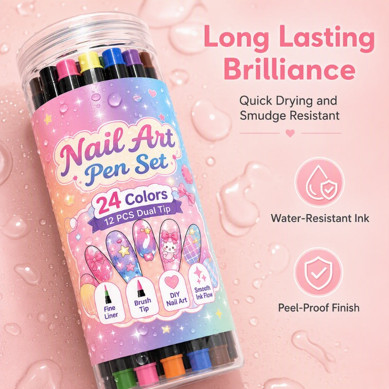 💕 Loved By 80K+ Nail Lovers Worldwide ✨ | 24 Colors DIY Nail Art Pen Set – Dual Tip Manicure Design Kit
