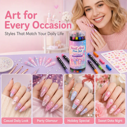 💕 Loved By 80K+ Nail Lovers Worldwide ✨ | 24 Colors DIY Nail Art Pen Set – Dual Tip Manicure Design Kit